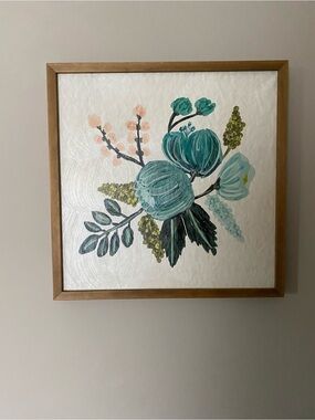 17”Framed Floral Wall Art in Teal and Cream